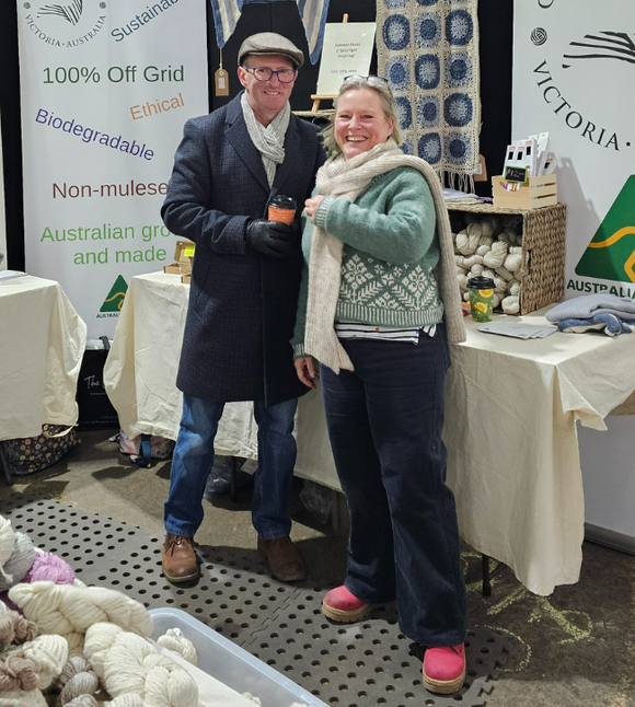 Nick and ISabel standing at their stall at the Bendigo Sheep and Wool Show in 2024